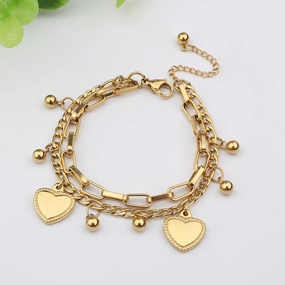 Heart Multilayer Bracelet Stack - 18K Gold Plated