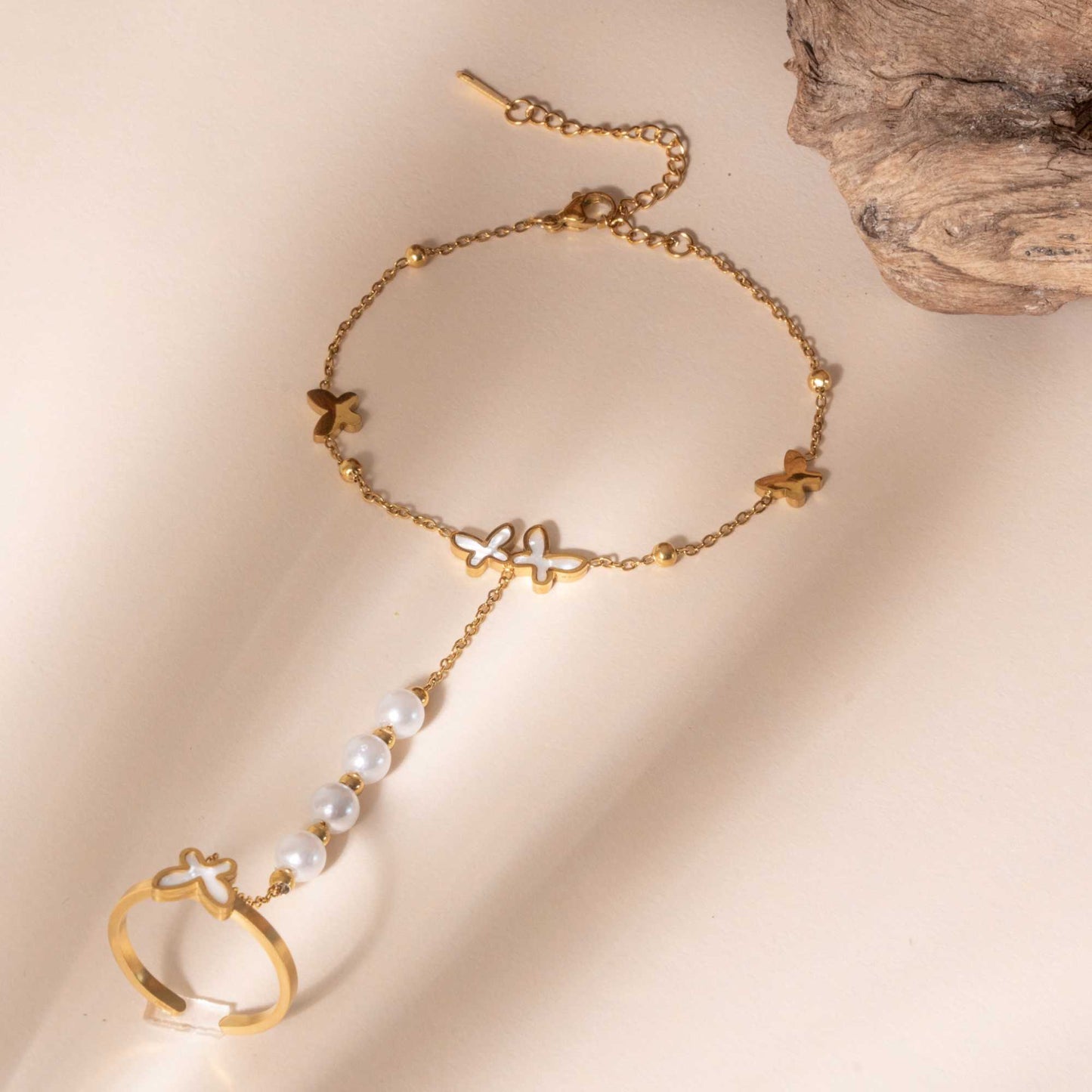 Quattro Butterfly Pearl Ring Bracelet Anklet (2 in 1) - 18K Gold Plated