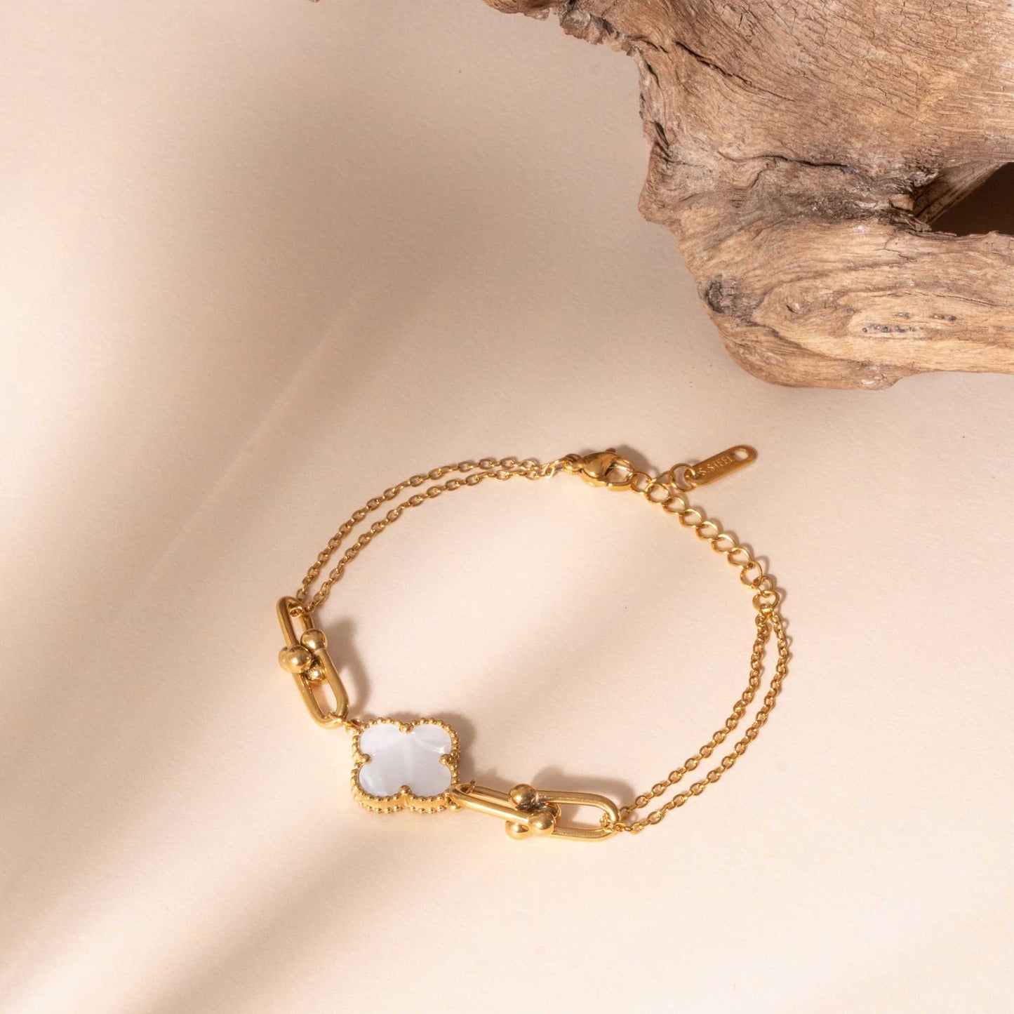 Classy Clover White and Gold Bracelet - 18K Gold Plated