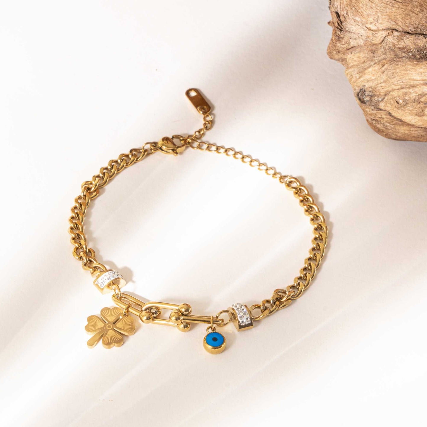 Four Leaf Evil Eye Bracelet - 18K Gold Plated