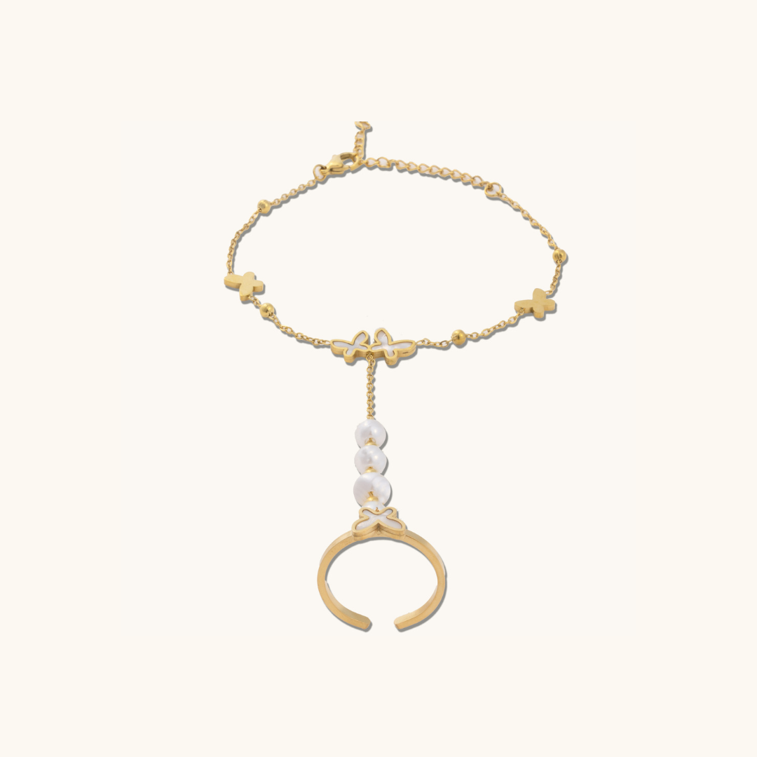 Tri Butterfly Pearl Ring Bracelet (2 in 1) - 18K Gold Plated