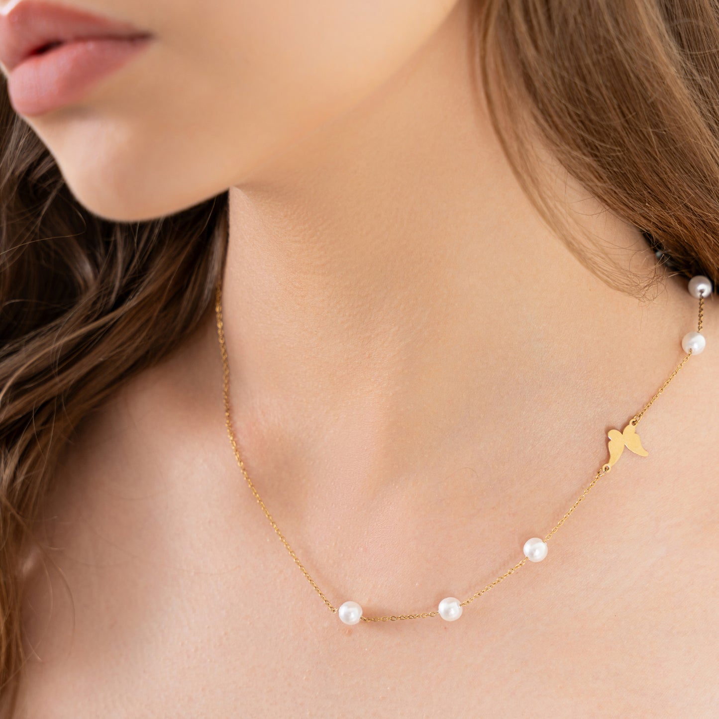 Pearl Ball Drop Butterfly Necklace - 18K Gold Plated