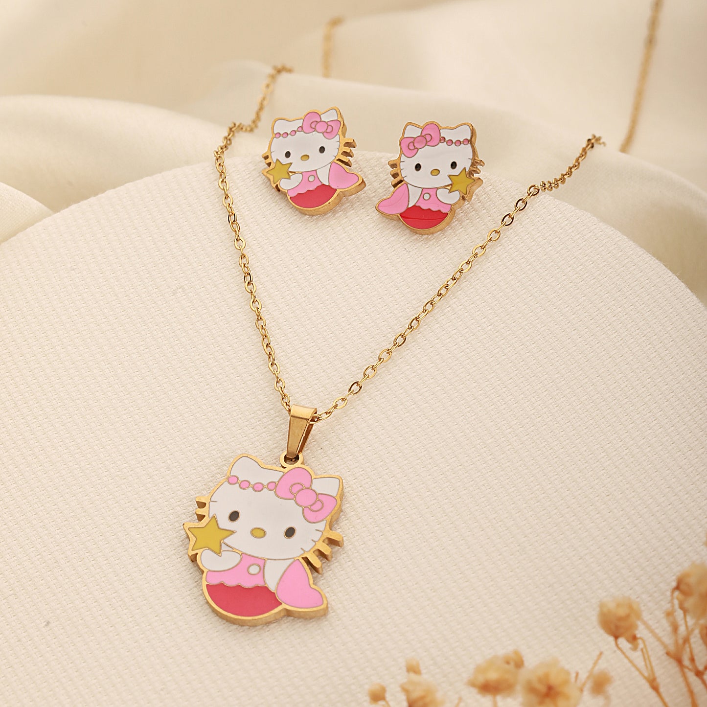 Pink Kitty Jewelry Set for Kids - 18k Gold Plated