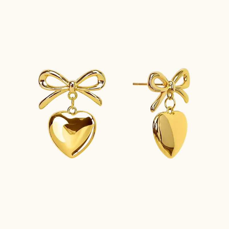 Bow Heart Earrings - 18K Gold Plated