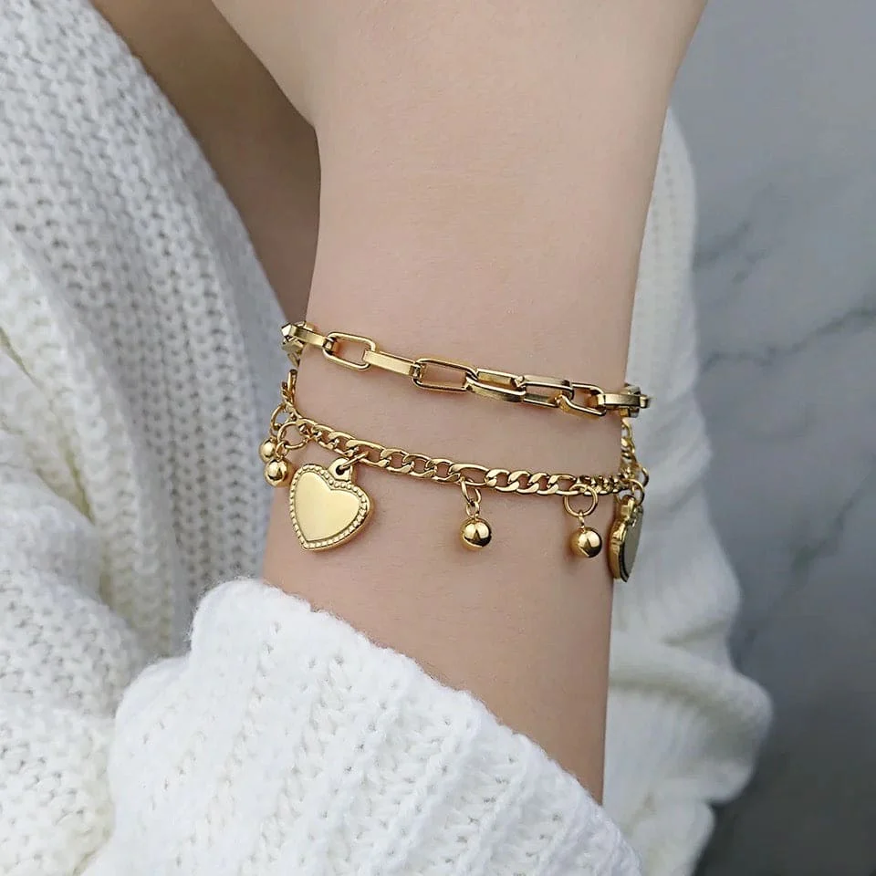 Heart Multilayer Bracelet Stack - 18K Gold Plated