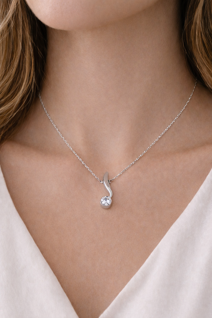 Silver Curve Solitaire Necklace - Silver Plated