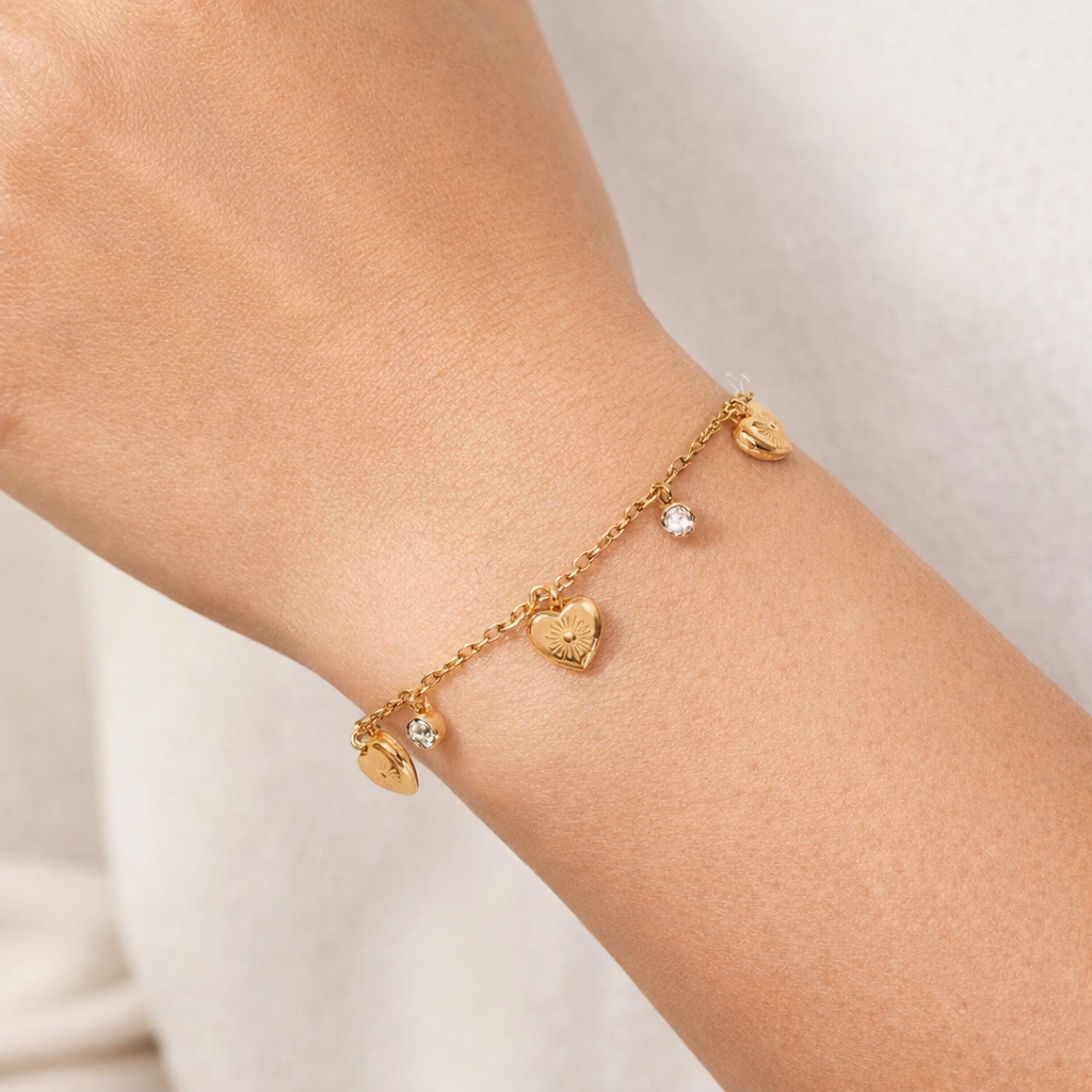 Heart Drop Charm Bracelet - 18K Gold Plated