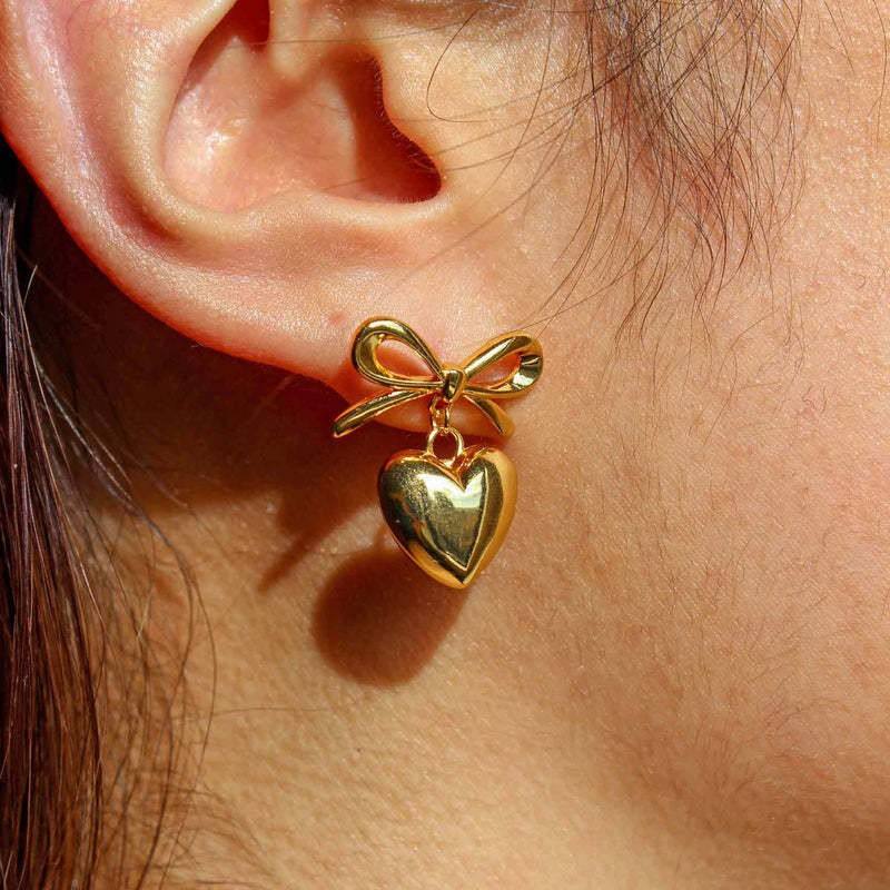 Bow Heart Earrings - 18K Gold Plated