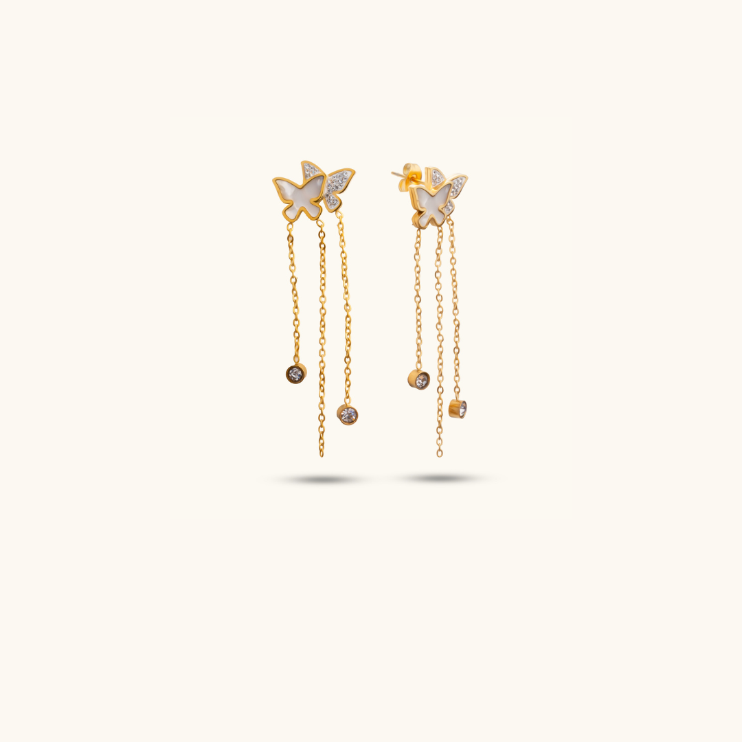 Butterfly Enamel Thready Earrings - 18K Gold Plated