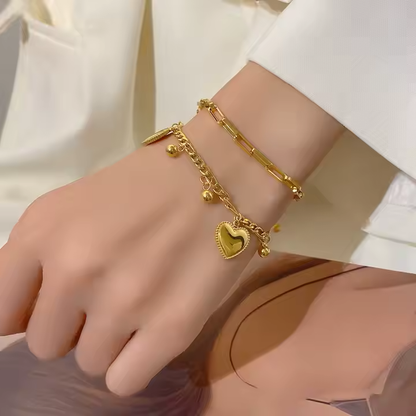 Heart Multilayer Bracelet Stack - 18K Gold Plated