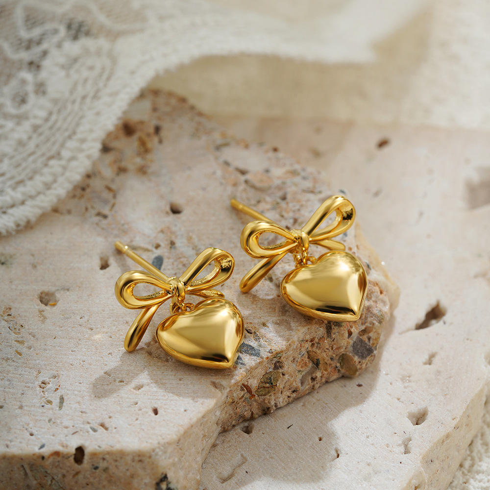 Bow Heart Earrings - 18K Gold Plated