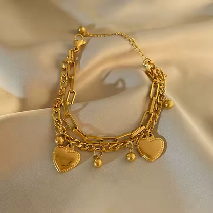 Heart Multilayer Bracelet Stack - 18K Gold Plated