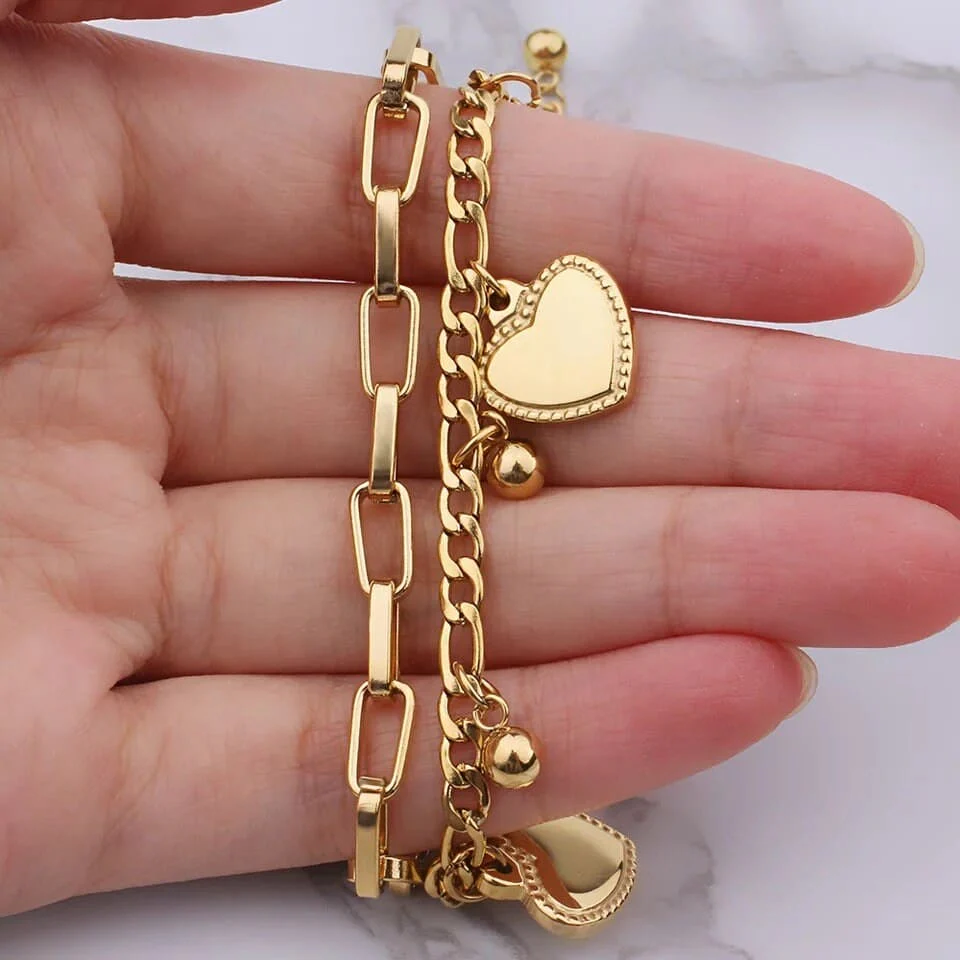 Heart Multilayer Bracelet Stack - 18K Gold Plated