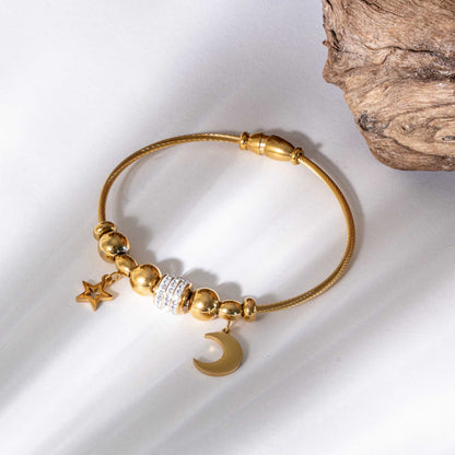 Moon Star Charms Magnetic Bracelet Bangle - 18K Gold Plated