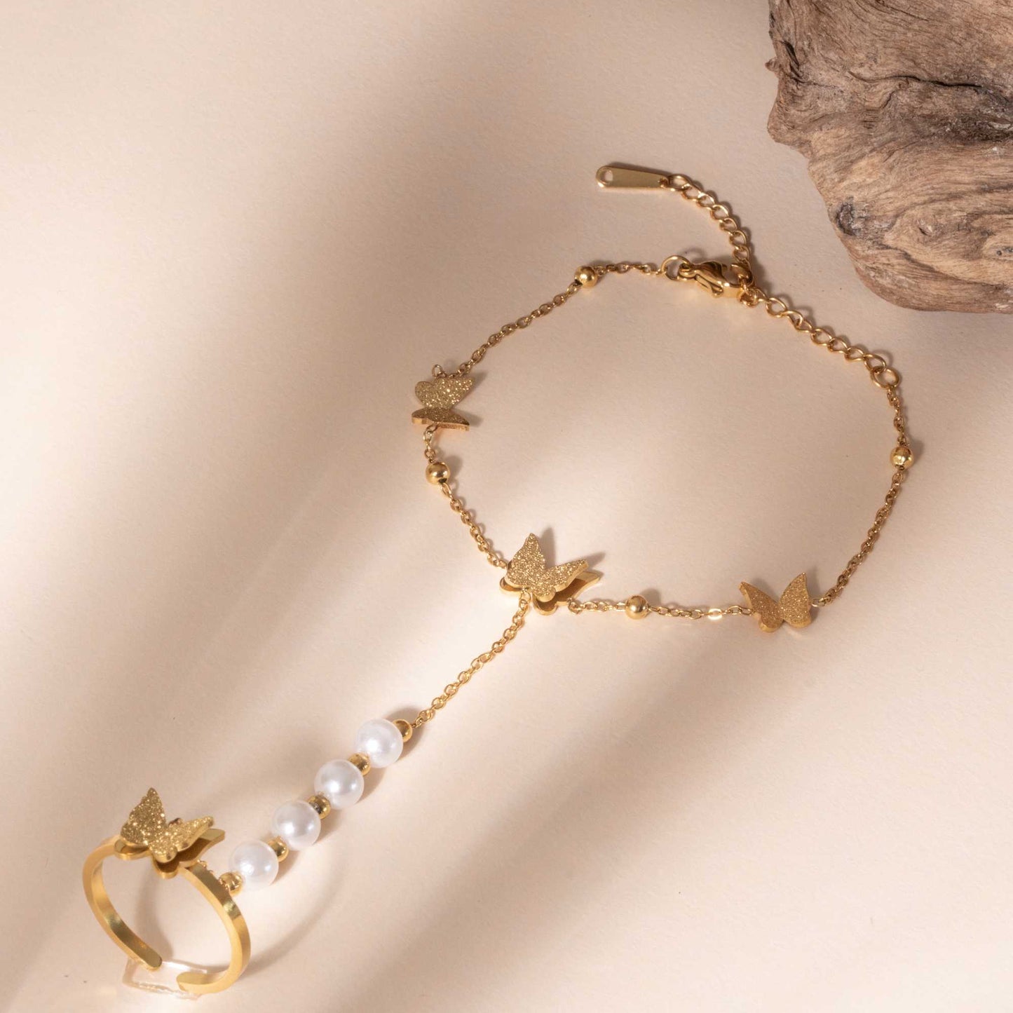 Tri Butterfly Pearl Ring Bracelet (2 in 1) - 18K Gold Plated