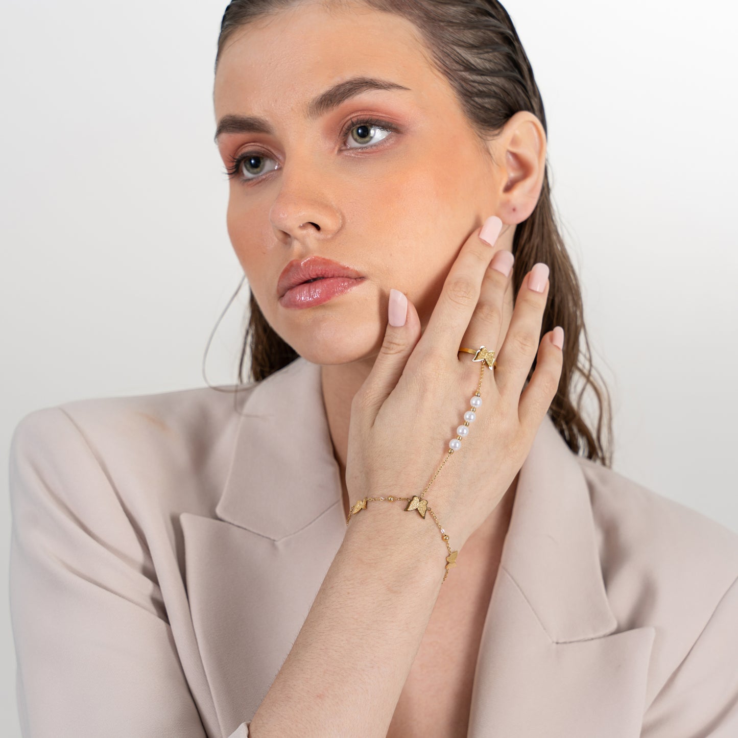 Tri Butterfly Pearl Ring Bracelet (2 in 1) - 18K Gold Plated