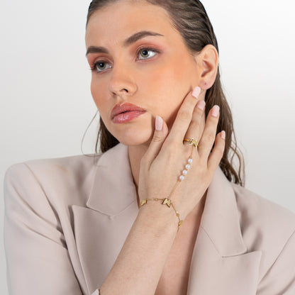 Tri Butterfly Pearl Ring Bracelet (2 in 1) - 18K Gold Plated