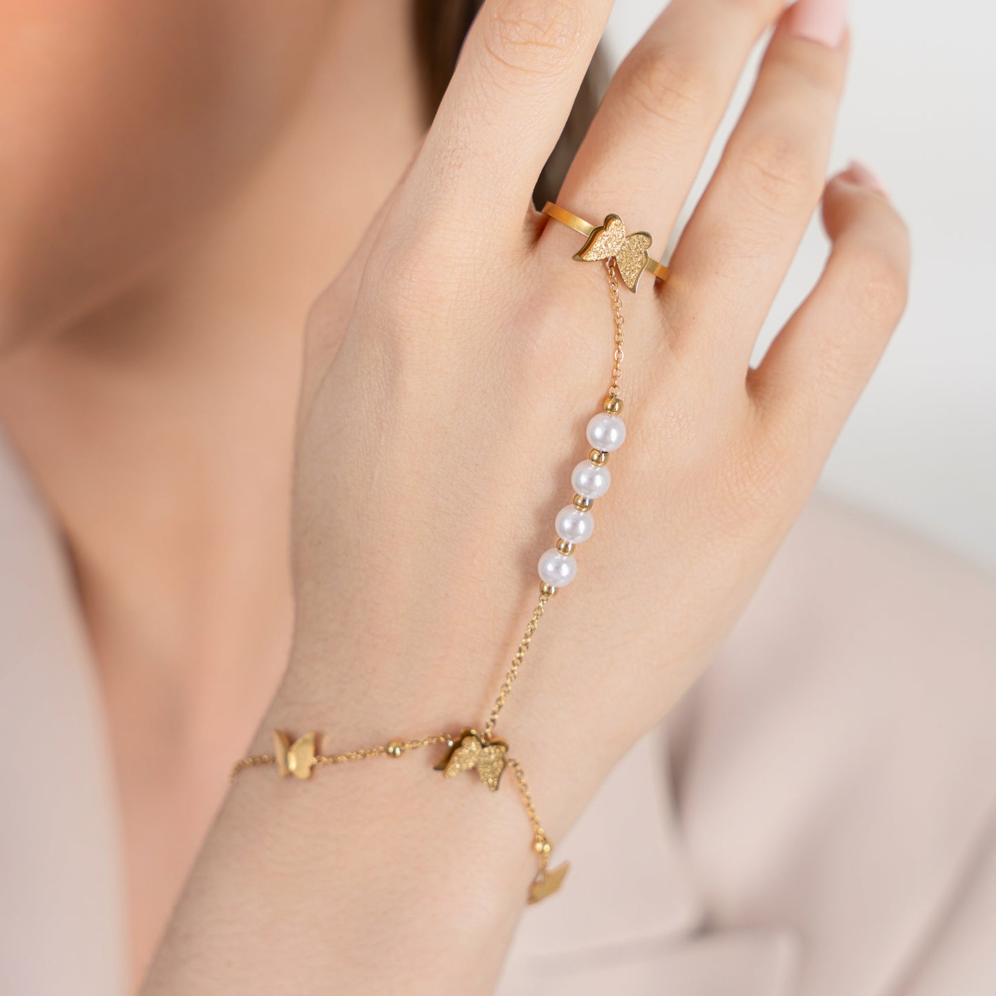 Tri Butterfly Pearl Ring Bracelet (2 in 1) - 18K Gold Plated