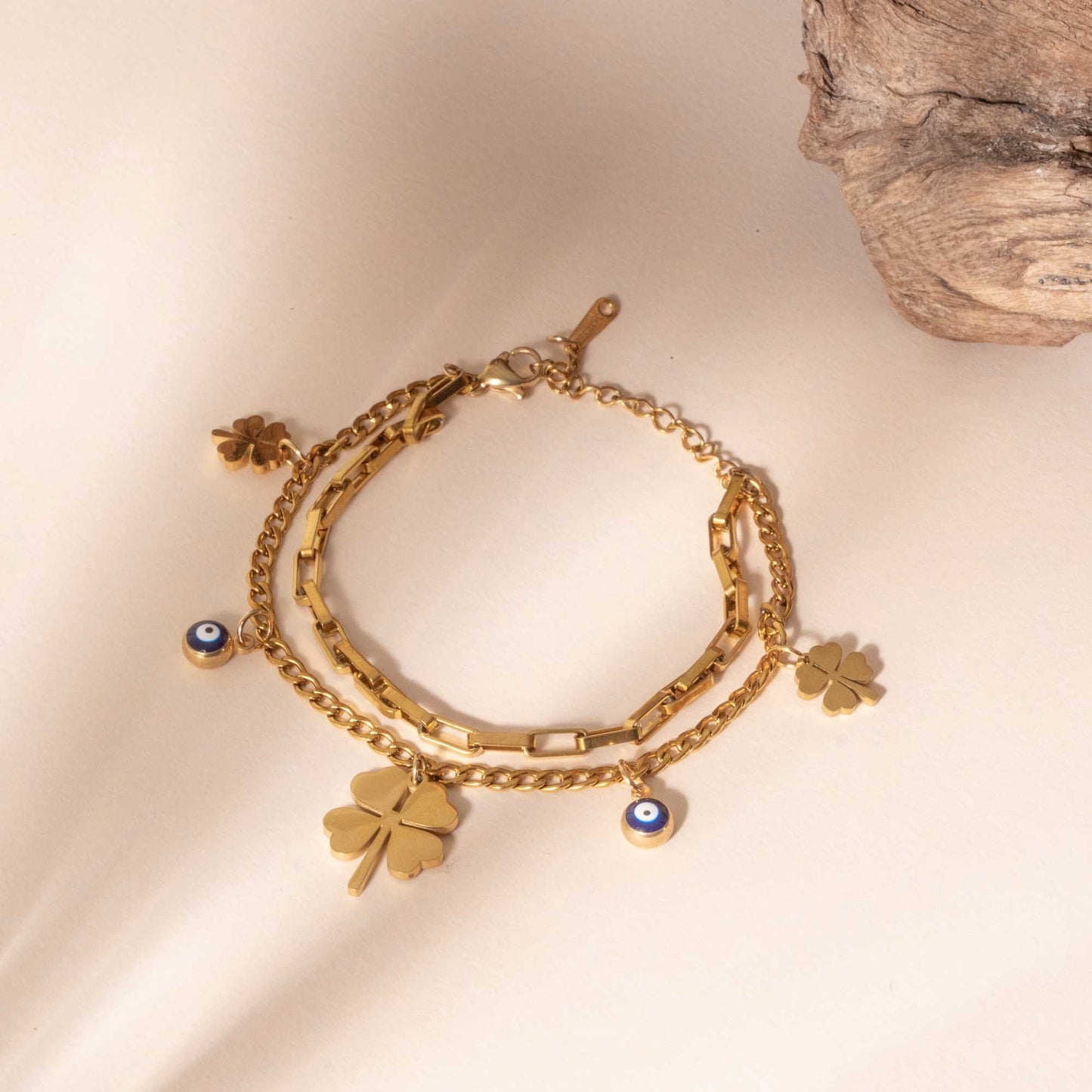 Evil Eye Flower Multi Layer Bracelet Stack - 18K Gold Plated