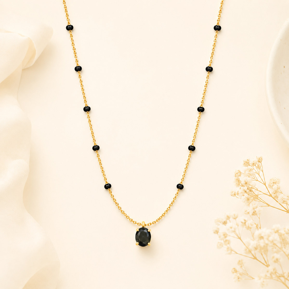Black Oval Mangalsutra - 18k Gold Plated Anti Tarnish jewellery