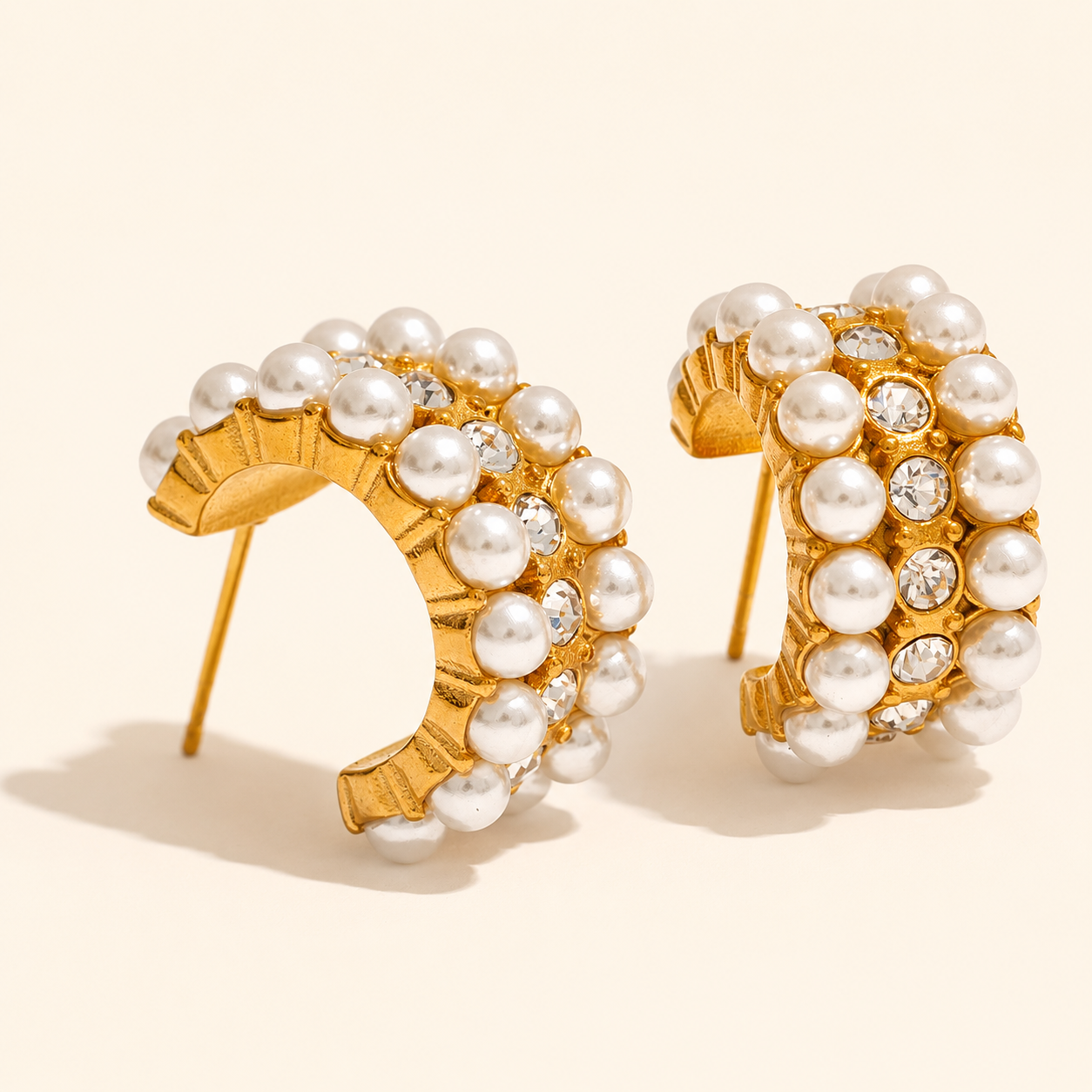 Pearl Crystal Hoops Earrings - 18k Gold Plated