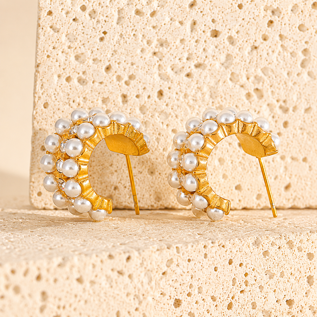 Pearl Crystal Hoops Earrings - 18k Gold Plated
