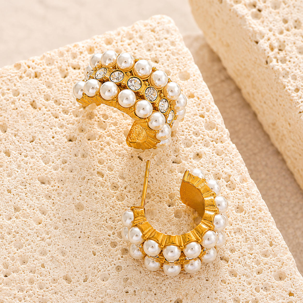 Pearl Crystal Hoops Earrings - 18k Gold Plated