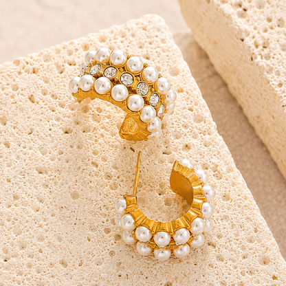 Pearl Crystal Hoops Earrings - 18k Gold Plated