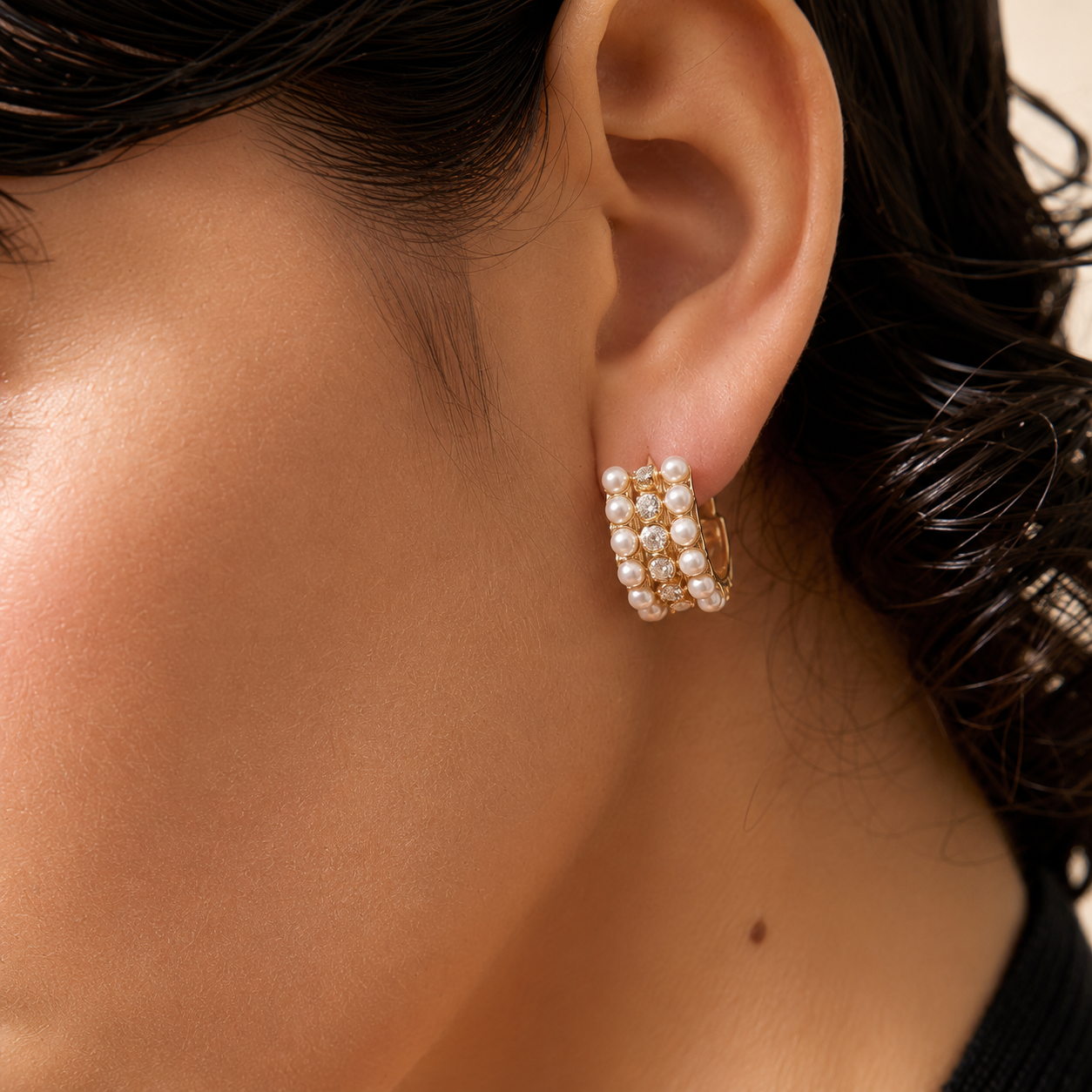 Pearl Crystal Hoops Earrings - 18k Gold Plated