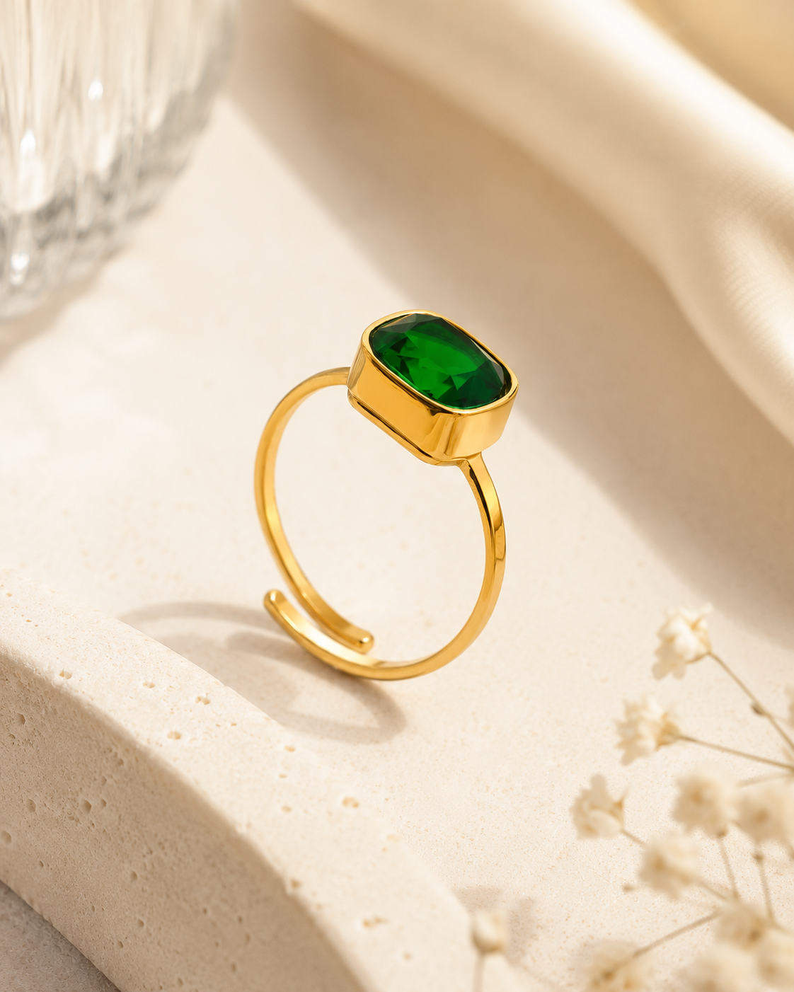 Emerald Bezel Ring - 18k Gold Plated (Adjustable)