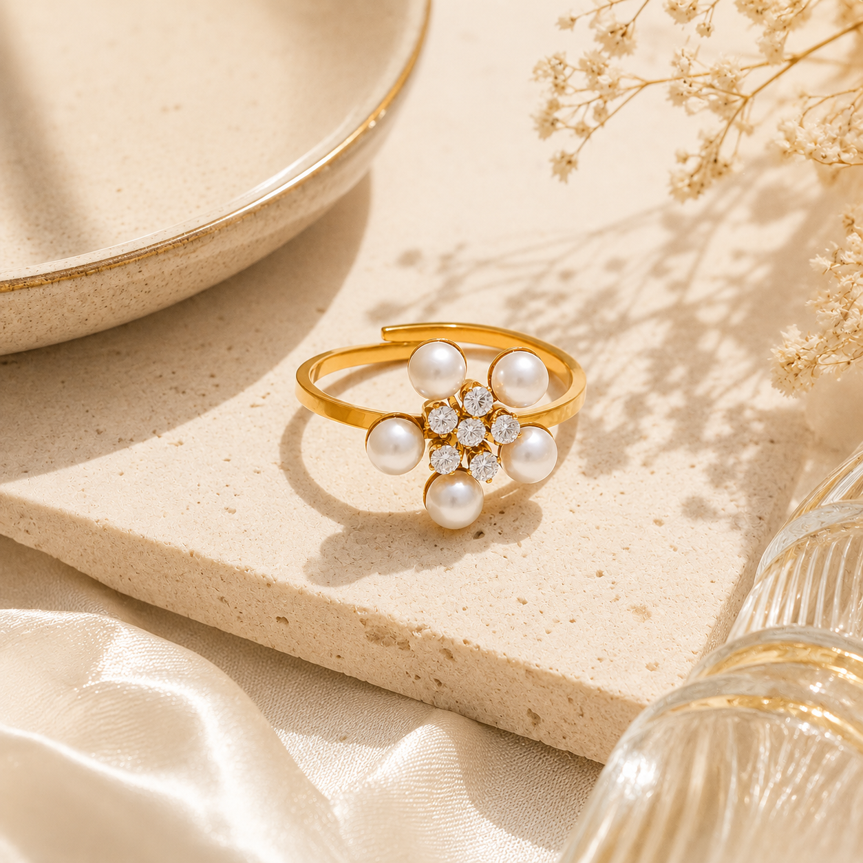 Floral Pearl Ring - 18K Gold Plated