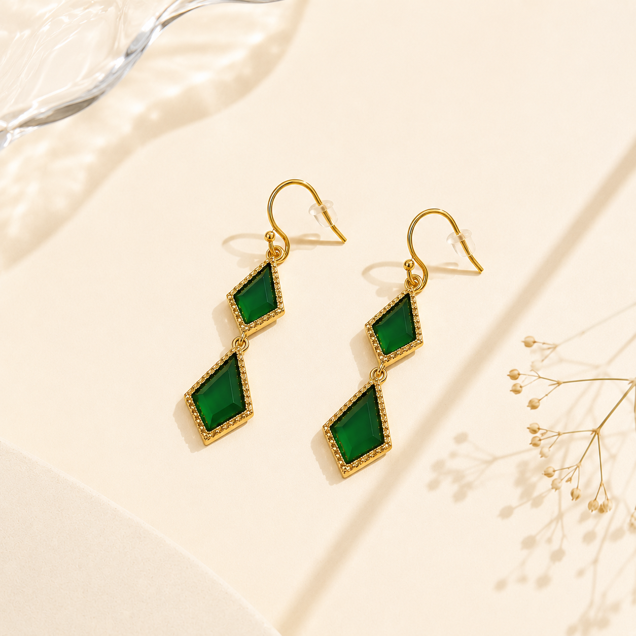Emerald Grace Drop Earrings - 18K Gold Plated