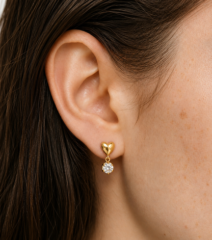 Heart Zircon Drop Earrings - 18K Gold Plated