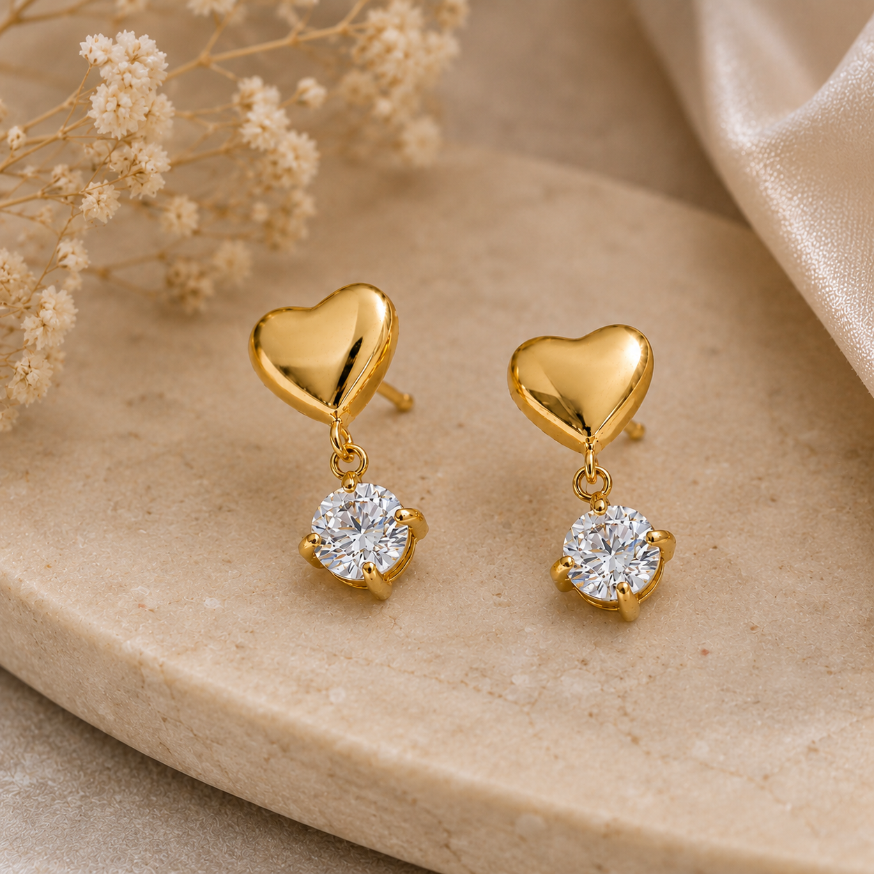 Heart Zircon Drop Earrings - 18K Gold Plated