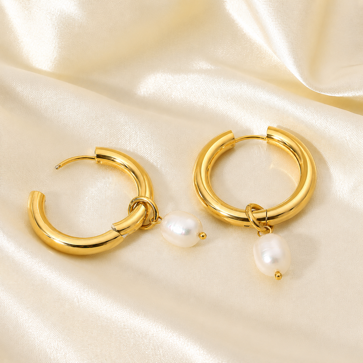 Serena Pearl Drop Hoops Earrings – 18K Gold Plated