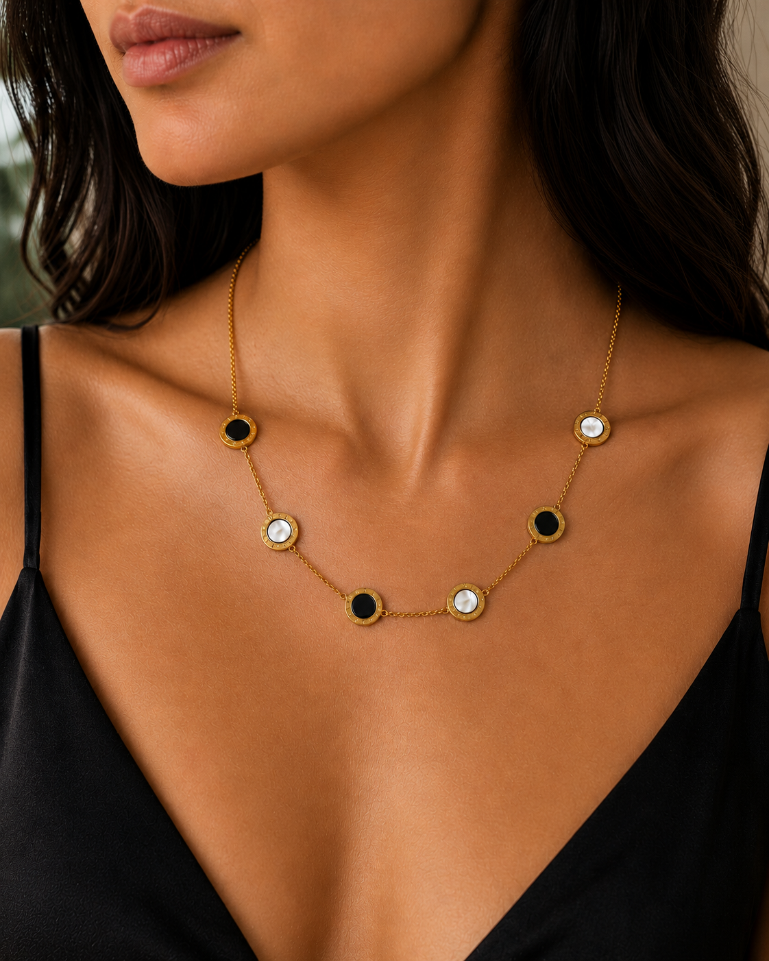 Pearl & Onyx Necklace - 18K Gold Plated