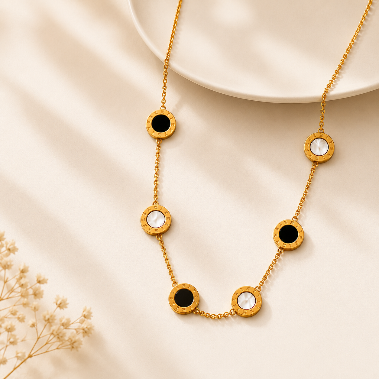 Pearl & Onyx Necklace - 18K Gold Plated