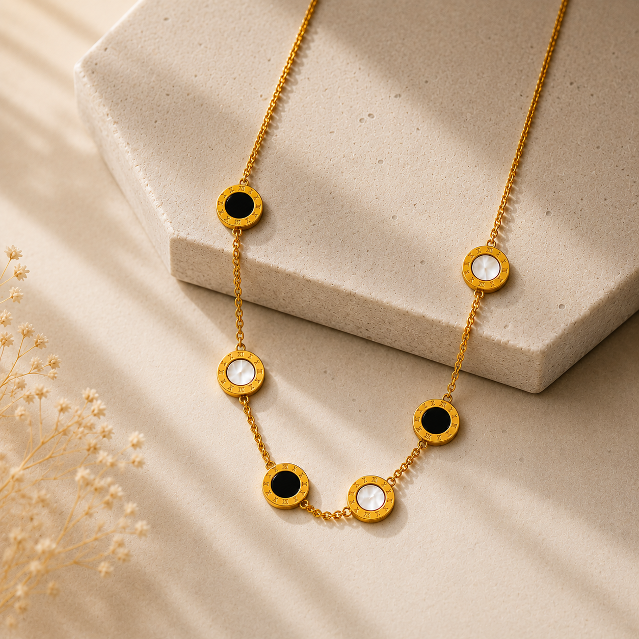 Pearl & Onyx Necklace - 18K Gold Plated