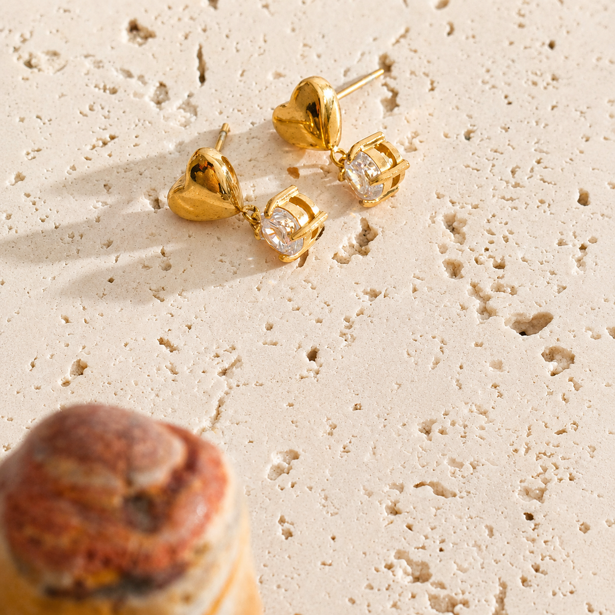 Heart Zircon Drop Earrings - 18K Gold Plated