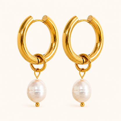 Serena Pearl Drop Hoops Earrings – 18K Gold Plated