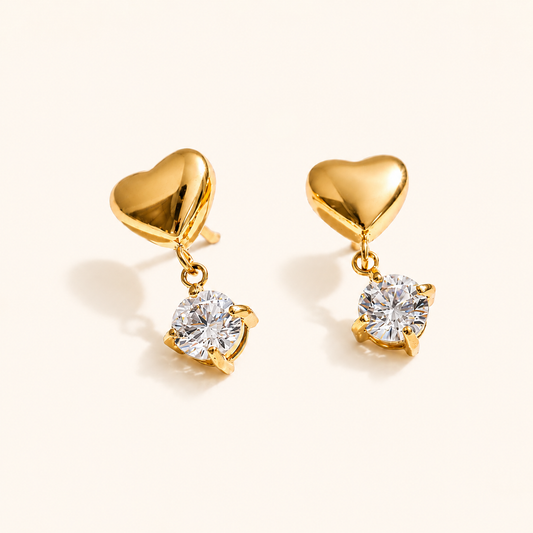 Heart Zircon Drop Earrings - 18K Gold Plated