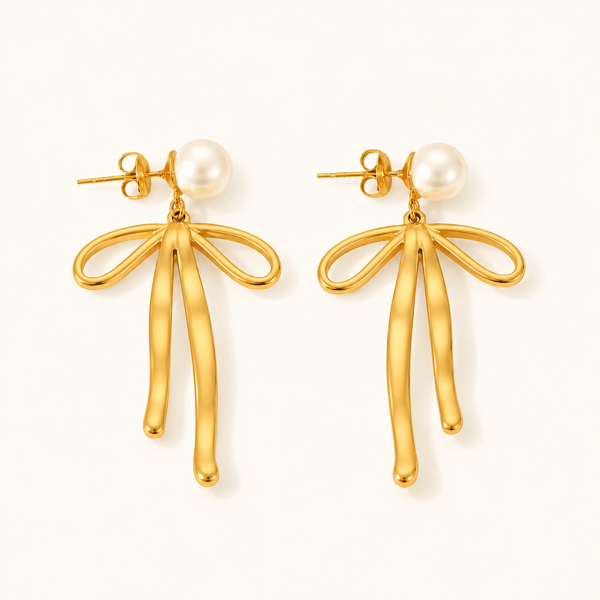 Pearl Bow Drop Earrings - 18K Gold Plated
