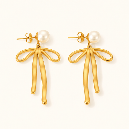 Pearl Bow Drop Earrings - 18K Gold Plated