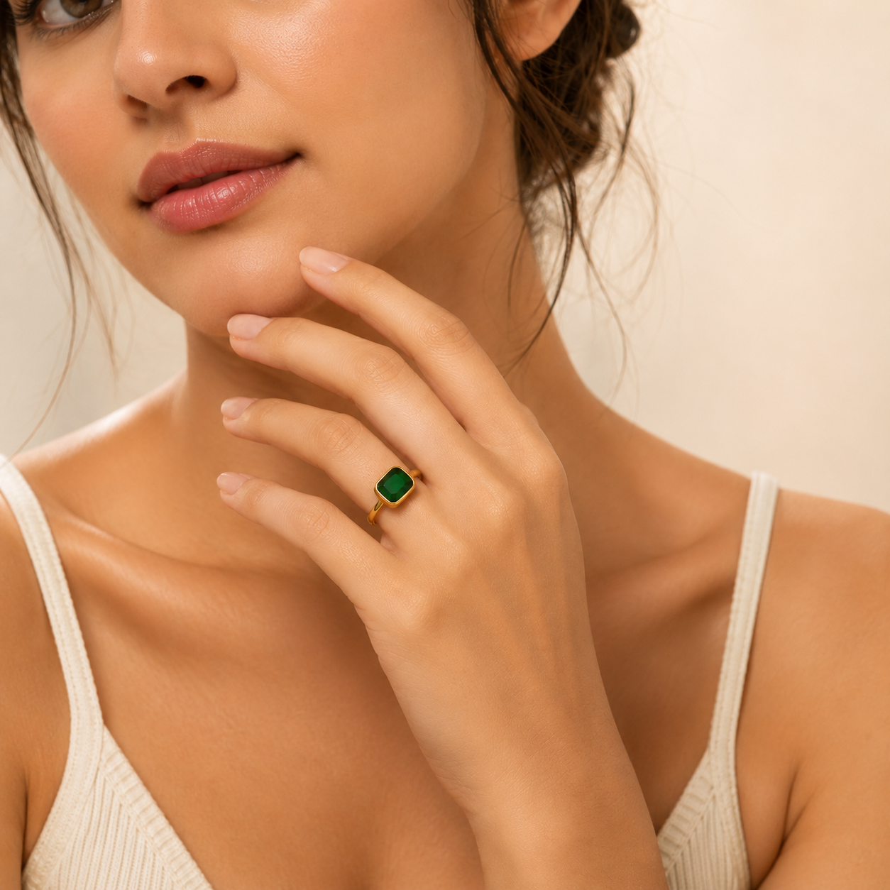 Emerald Bezel Ring - 18k Gold Plated (Adjustable)