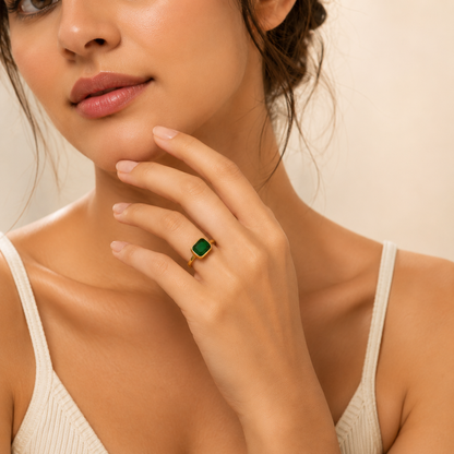Emerald Bezel Ring - 18k Gold Plated (Adjustable)