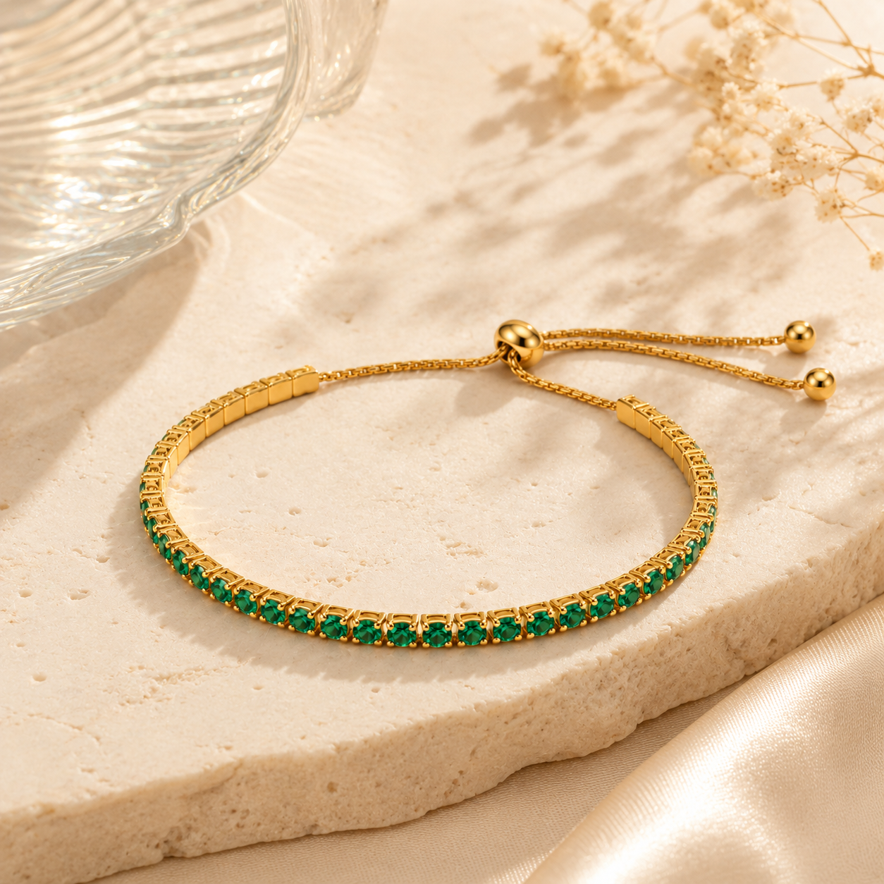 Emerald Adjustable Tennis Bracelet - 18k Gold Plated