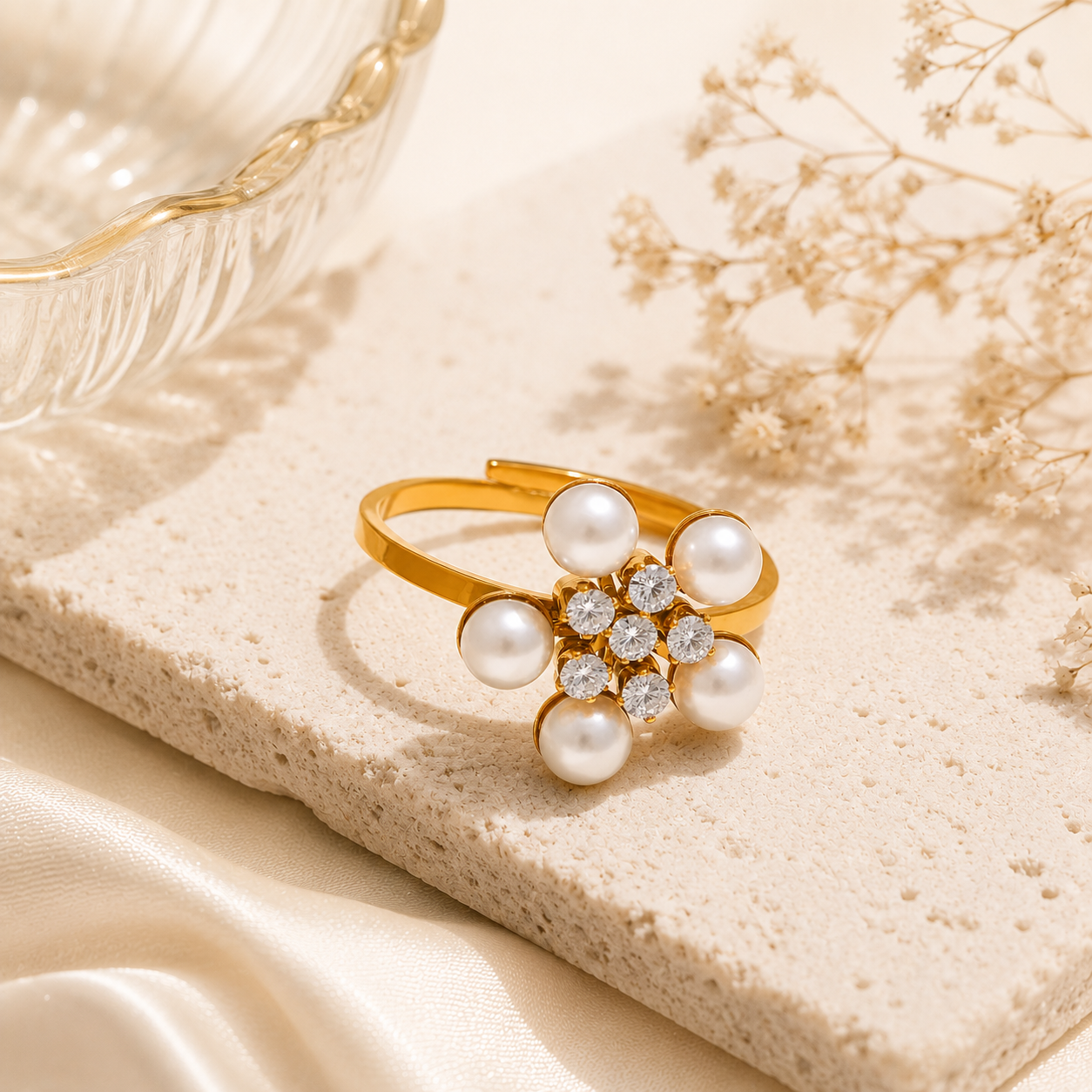 Floral Pearl Ring - 18K Gold Plated