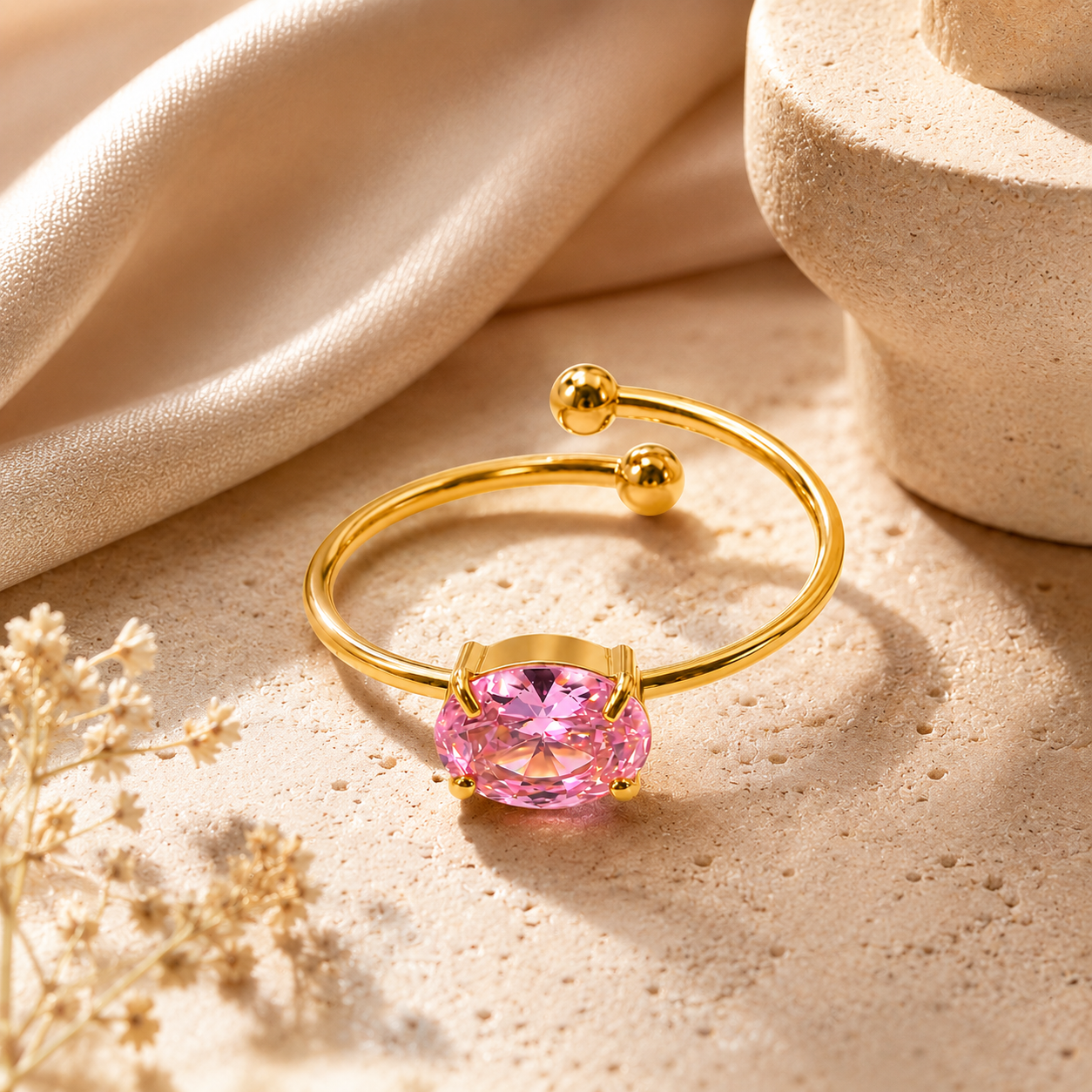 Roselle Zircon Solitaire Ring - 18K Gold Plated (Adjustable)