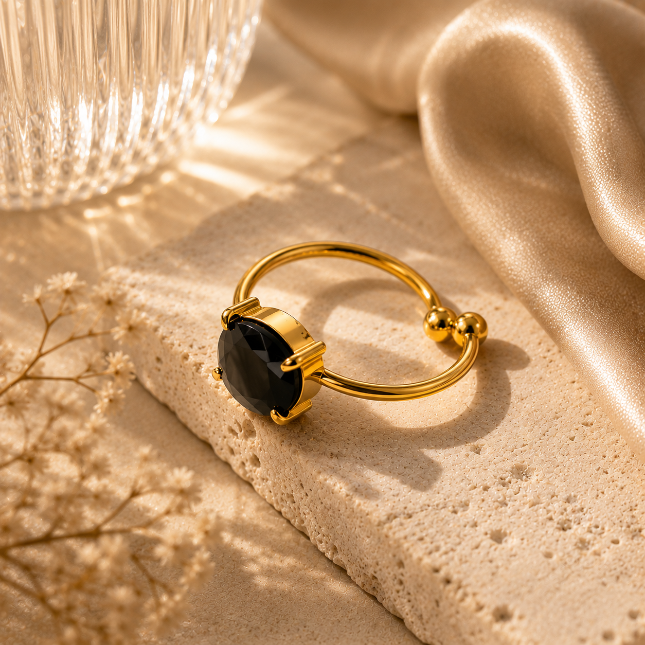 Noir  Zircon Solitaire Ring - 18K Gold Plated (Adjustable)