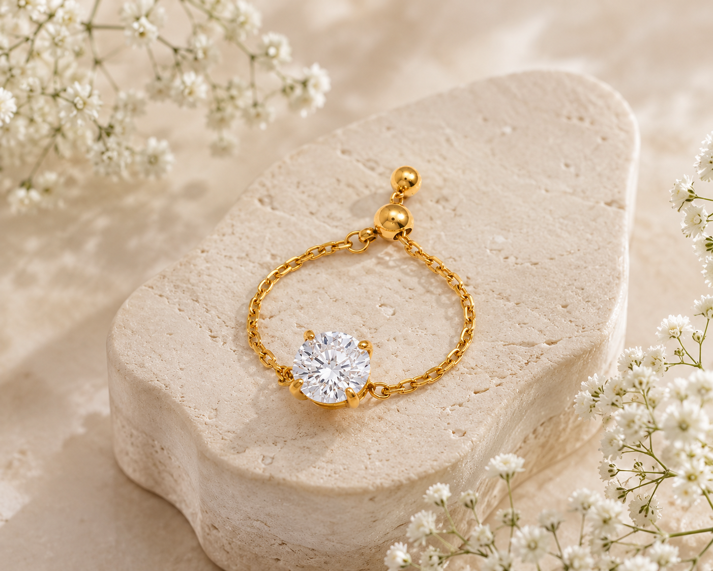 Vienna ZIrcon Chain Ring - 18K Gold Plated (Adjustable)